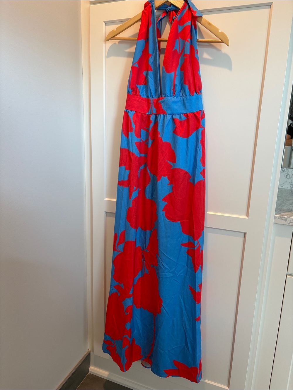 Blue Halter Maxi Dress with Red Floral Print